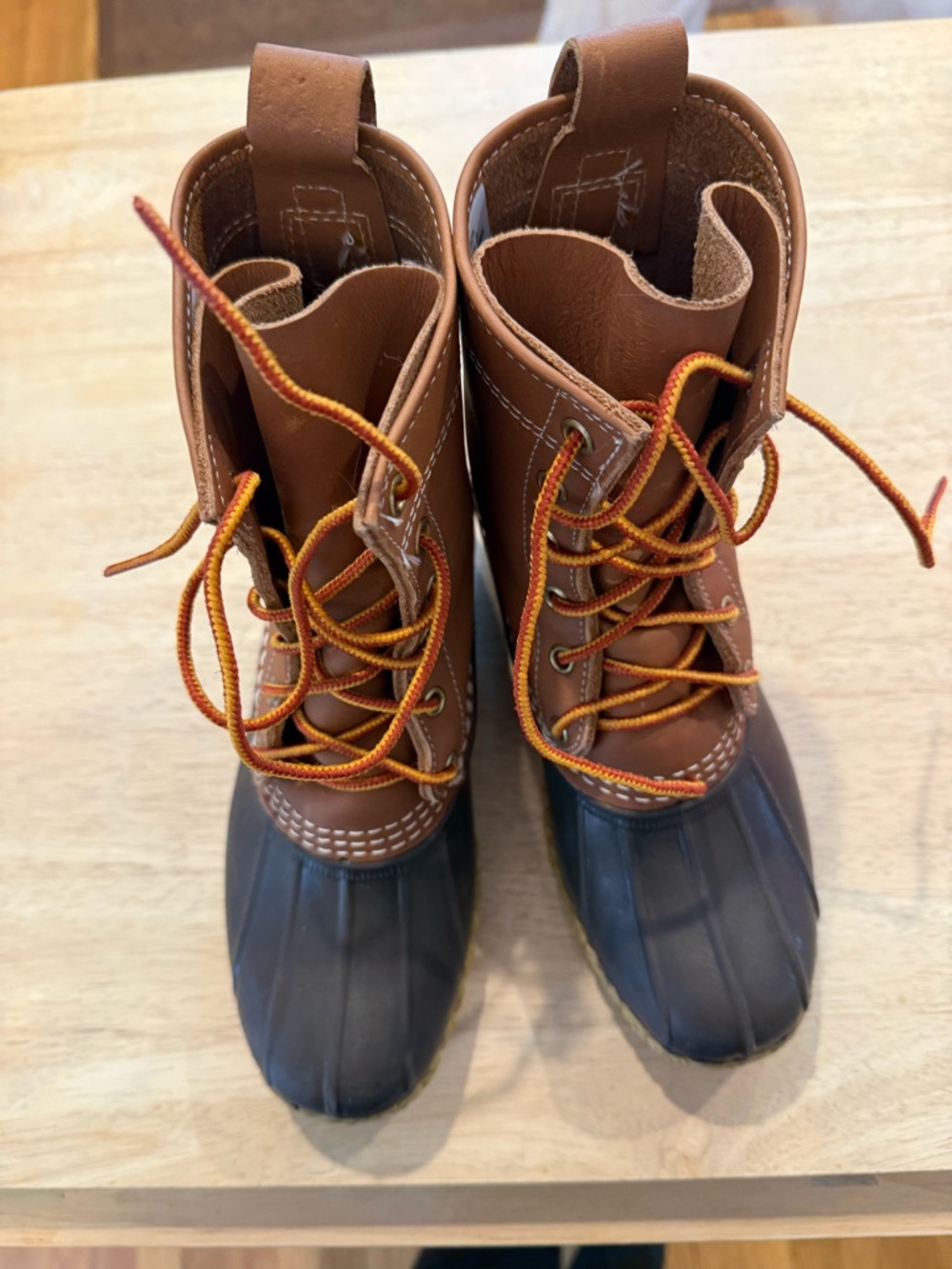 L.L. Bean Brown Leather and Black Rubber Duck Boots with Orange Laces